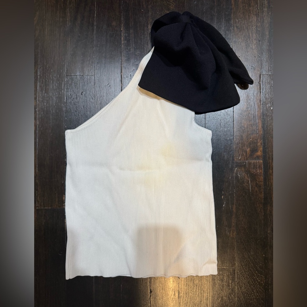 White One-Shoulder Top with Black Beanie